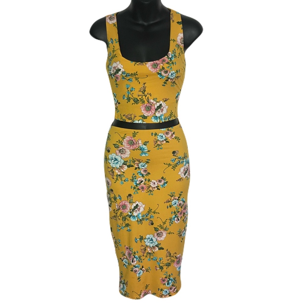 Joe & Elle Floral yellow pink and blue Crop Top and Pencil Skirt two piece Set